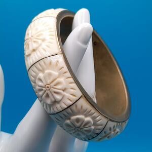 Vintage Carved Celluloid Wide Bangle Bracelet, Brass Inside, 8 Inches